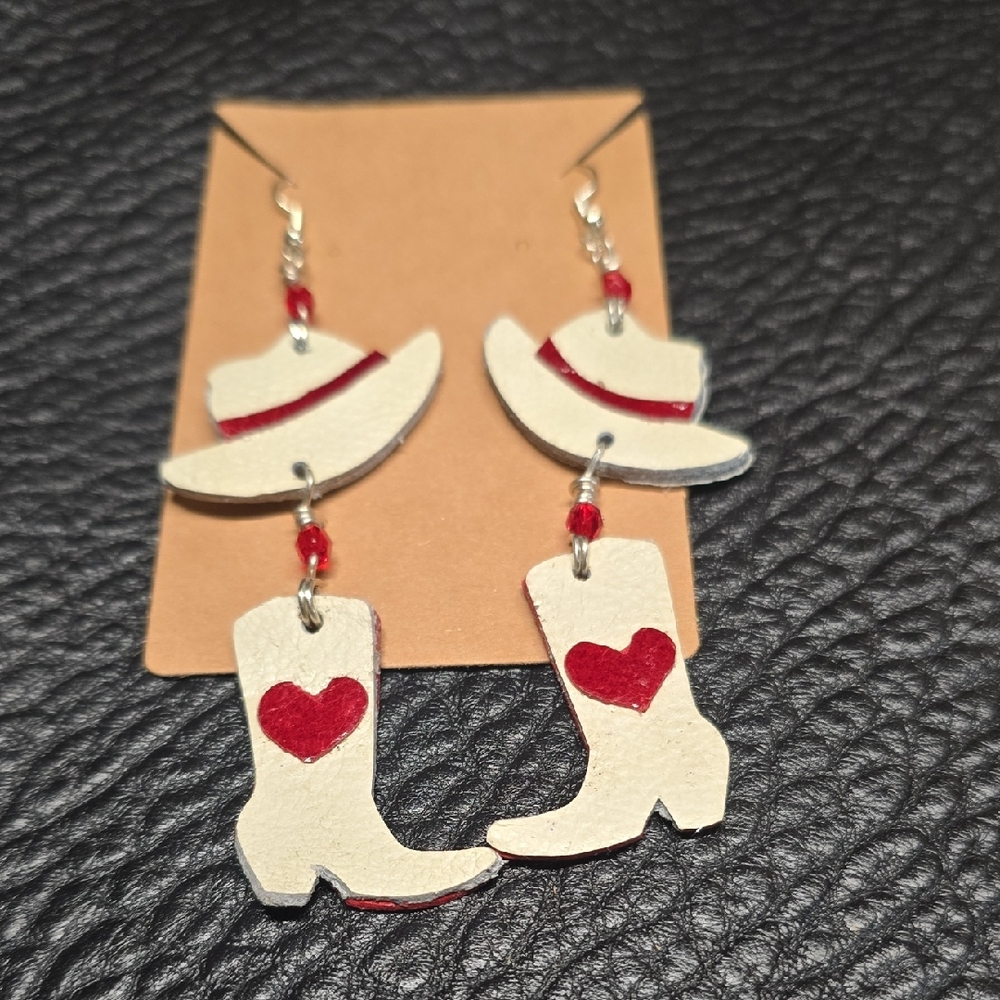 Cowboy Hat and Boot Earrings with Red Hearts Genuine leather handmade